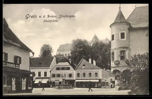 AK Grein a. d. Donau, Stadtplatz mit Ladengeschäft Hiebl