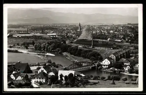 AK Knittelfeld, Panorama mit Werksanlagen, Brücke und Kirche