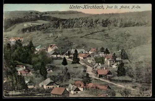 AK St. Andrä-Wördern, Unter-Kirchbach, Panorama mit Kirche und Häusern