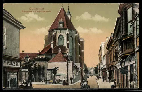 AK Wr.-Neustadt, Bahngasse mit Kapuzinerkirche