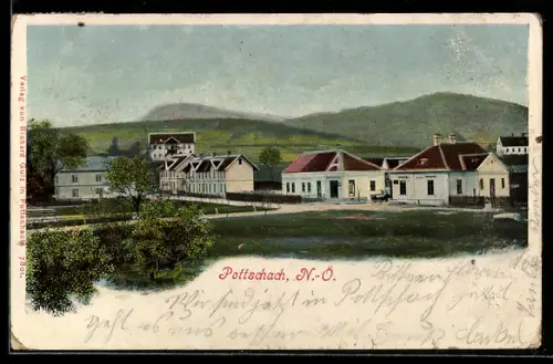 AK Pottschach /N.-Ö., Ortsansicht mit Gebäuden und Hügeln