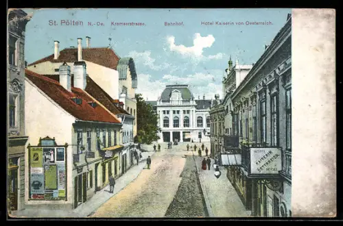 Lithographie St. Pölten /N.-Ö., Kremserstrasse mit Bahnhof und Hotel Kaiserin von Österreich