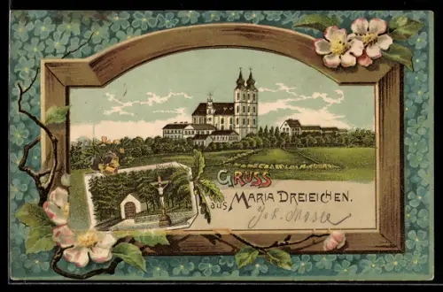 Lithographie Rosenburg-Mold, Maria Dreiechen, Kloster mit Kirche und Wegkreuz
