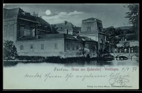 Mondschein-AK Hadersdorf-Weidlingau, Brücke mit Gebäuden am Fluss