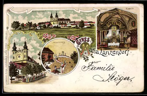 Lithographie Maria Lanzendorf, Kirche, Kalvarienberg, Kapelle