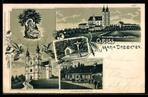Lithographie Maria Dreieichen, Wallfahrtskirche, Schiedlbauers Gasthof