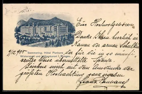 Lithographie Semmering, Hotel Panhans, Wintersport und Höhenkurort