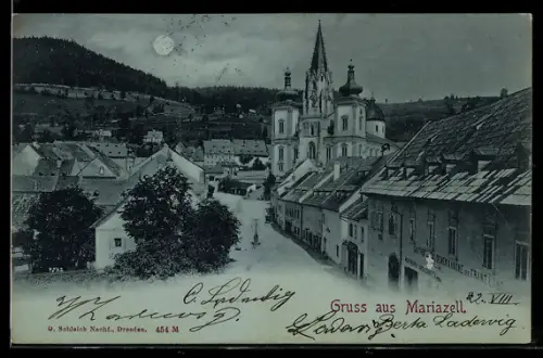 Mondschein-AK Mariazell, Basilika und Hauptplatz