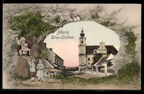 Passepartout-AK Rosenburg-Mold, Maria Drei-Eichen, Kirche und Strasse, Passepartout mit Heiligenbild
