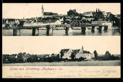AK Schärding am Inn, Panorama mit Innbrücke, Kirche und Neuhaus