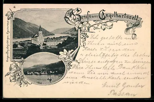AK Engelhartszell, Stift mit Kirche und Donaupanorama