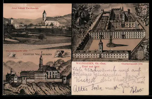 Lithographie Waldhausen /Ob. Öst., Schloss & Chorherrenstift einst und jetzt