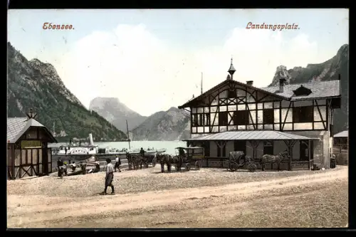 AK Ebensee, Landungsplatz mit Schiffsanleger und Seepanorama