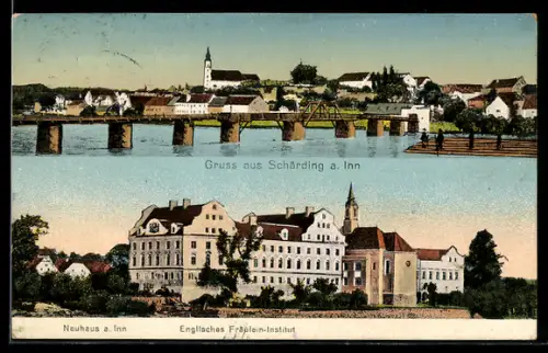 AK Schärding a. Inn, Panorama mit Innbrücke, Englisches Fräulein-Institut