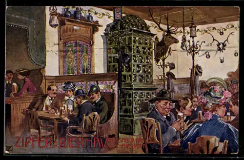 Künstler-AK Salzburg, Zipfer-Bierhaus, Innenansicht