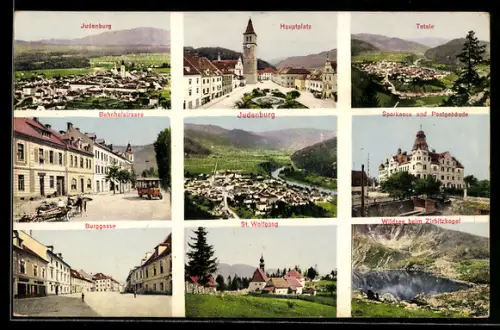 AK Judenburg, Hauptplatz, Bahnhofstrasse, St. Wolfgang, Burggasse, Sparkasse mit Post