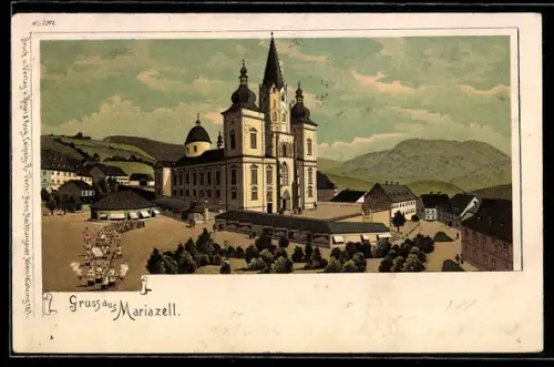 Lithographie Mariazell, Basilika mit Hauptplatz