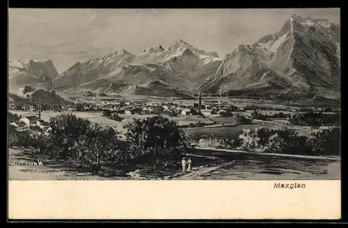 AK Maxglan, Panorama mit Ort und Bergkulisse