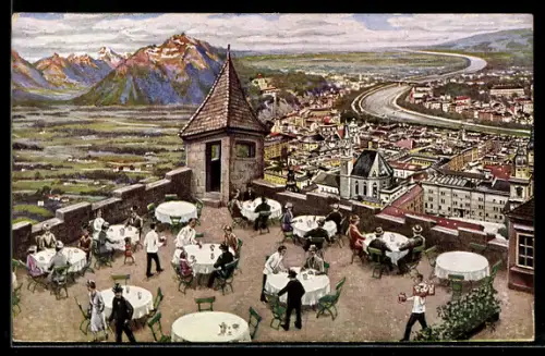 Künstler-AK Salzburg, Festungsrestaurant mit Terrasse, Stadt- und Salzachpanorama