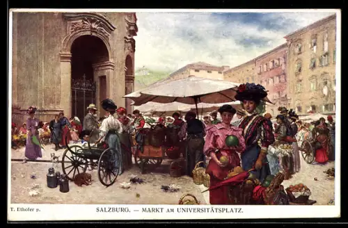 Künstler-AK Salzburg, Markt am Universitätsplatz