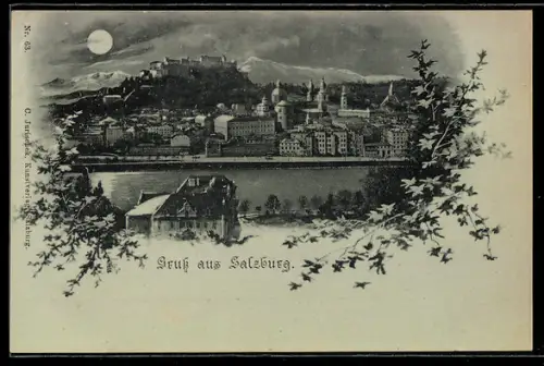 Mondschein-AK Salzburg, Panorama mit Festung und Stadtsilhouette an der Salzach