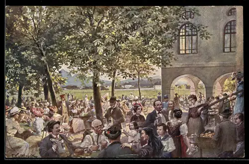 Künstler-AK Salzburg, Augustiner-Bräustüblgarten