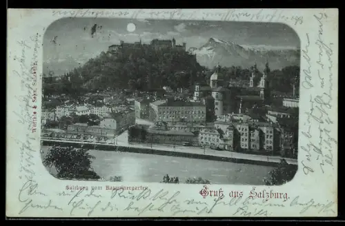 Mondschein-AK Salzburg, Panorama mit Festung Hohensalzburg und Salzach