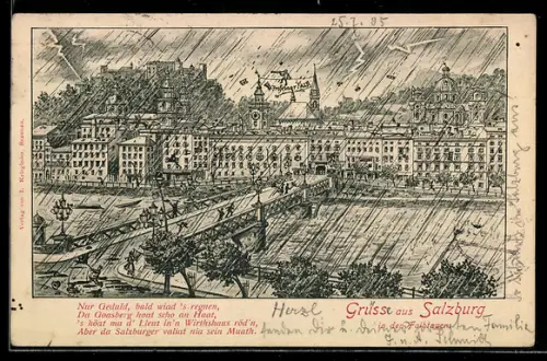 Künstler-AK Salzburg, Ortspanorama mit Brücke und Uferpartie bei stürmigem Wetter