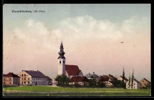 AK Gunskirchen /Ob. Öst., Dorfansicht mit Kirche