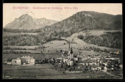 AK Bischofshofen, Mandelwände mit Hochkönig, Panorama mit Ort und Kirche