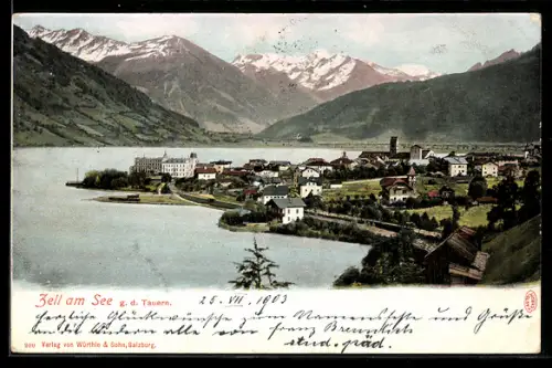 AK Zell am See, Panorama mit See und Ort vor Bergkulisse