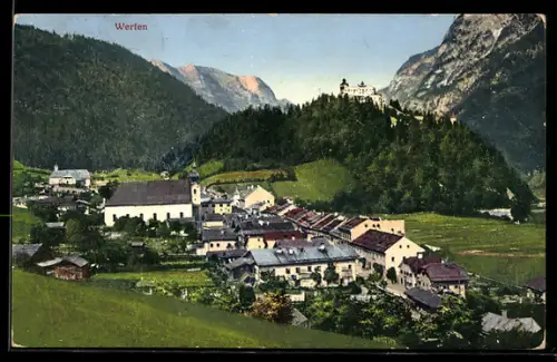 AK Werfen, Dorf mit Kirche und Schloss auf dem Felsen