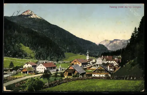 AK Tweng im Lungau, Dorfpanorama mit Kirche und Bergen