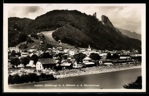 AK Hallein /Salzburg, Panorama mit Salzach und Barmsteinen