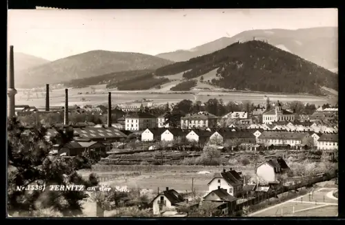 AK Ternitz an der Südbahn, Fabrik mit Wohnhäusern und Bergpanorama