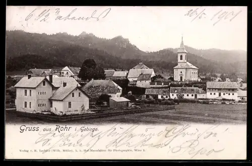 AK Rohr i. Gebirge, Dorfpartie mit Kirche und Bergpanorama