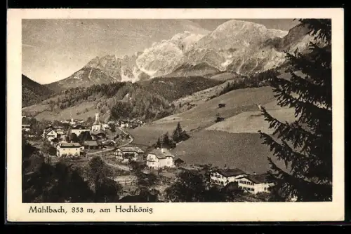 AK Mühlbach am Hochkönig, Panorama mit Kirche und Bergkulisse