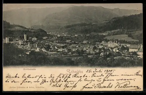 AK Scheibbs, Nordostseite, Ortsansicht mit Kirche und Bergpanorama