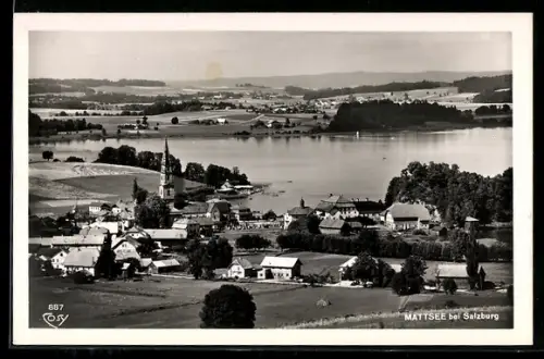 AK Mattsee bei Salzburg, Panorama mit See und Kirche