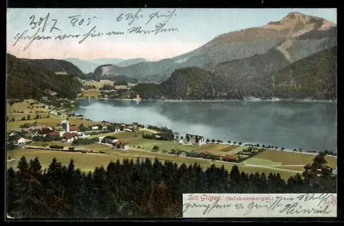 AK St. Gilgen /Salzkammergut, Panorama mit See und Kirche