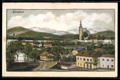 Künstler-AK Rüstorf, Totalansicht des Ortes mit Kirche