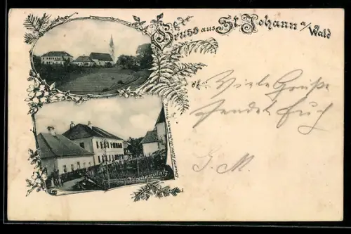 AK St. Johann am Walde, Ortsansicht mit Kirche vom Feld aus, Kirchenplatz