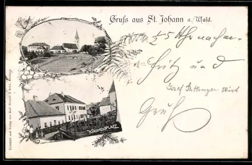 AK St. Johann am Walde, Ortsansicht mit Kirche vom Feld aus, Kirchenplatz