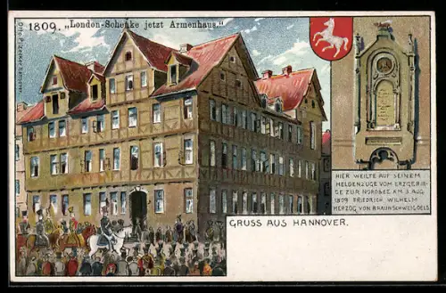 Lithographie Hannover, London-Schenke 1809, jetzt Armenhaus