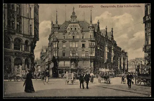 AK Hannover, Georgstrasse Ecke Schillerstrasse mit Geschäften und Strassenbahn