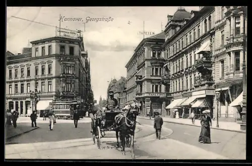 AK Hannover, Georgstrasse mit Pferdekutsche und Passanten, Strassenbahn