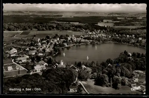 AK Wessling a. See, Luftaufnahme, See, Segelboote, Kirche