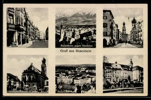 AK Rosenheim, Münchener Strasse, Stadtpfarrkirche, Mädchenschule