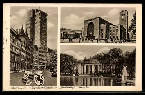 AK Stuttgart, Tagblatthochhaus, Bahnhof, Theater