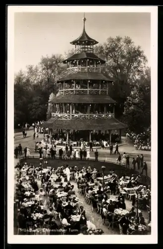 AK München-Schwabing, Passanten am Chinesischen Turm